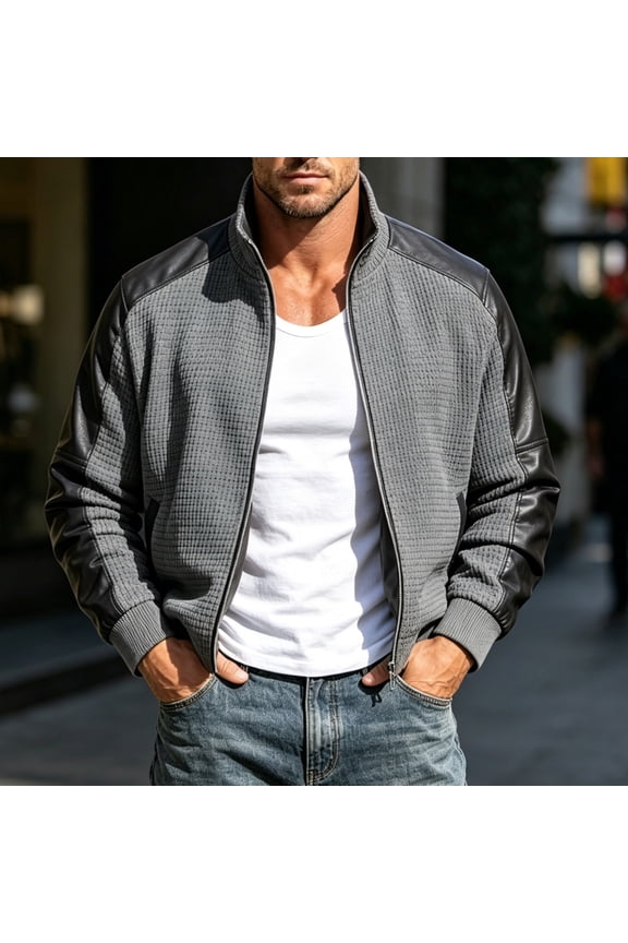 Men's Patchwork Leather Bomber Jacket Stand Collar Zip Up Short Loose Fit Vintage Biker Coat for Spring Fall Daily