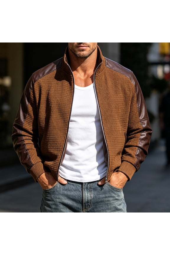 Men's Patchwork Leather Bomber Jacket Stand Collar Zip Up Short Loose Fit Vintage Biker Coat for Spring Fall Daily