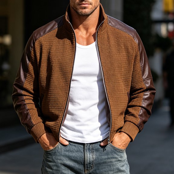 TaTaai Men's Patchwork Leather Bomber Jacket Stand Collar Zip Up Short Loose Fit Vintage Biker Coat for Spring Fall Daily