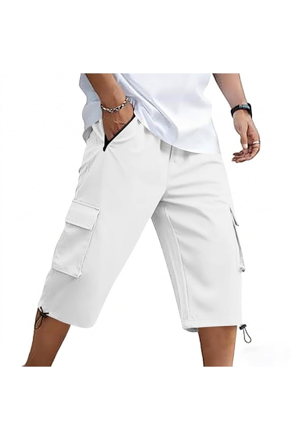 Men's Solid Color Cargo Capris with Elastic Waistband, Zipper Pockets, and Casual Relaxed Fit Gift