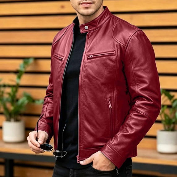 TaTaai Men's Stand Collar Faux Leather Jacket Loose Fit Zip Up Casual Coat with Pockets Lightweight Outerwear for Daily Spring Autumn