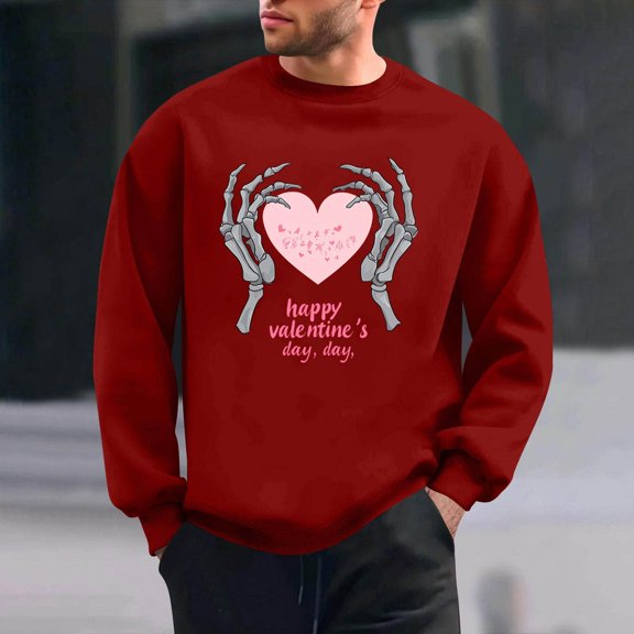 TaTaai Men's Valentine Heart Print Long Sleeve Round Neck Pullover, Valentine's Day Gift, Casual Sports Activewear Top Gift