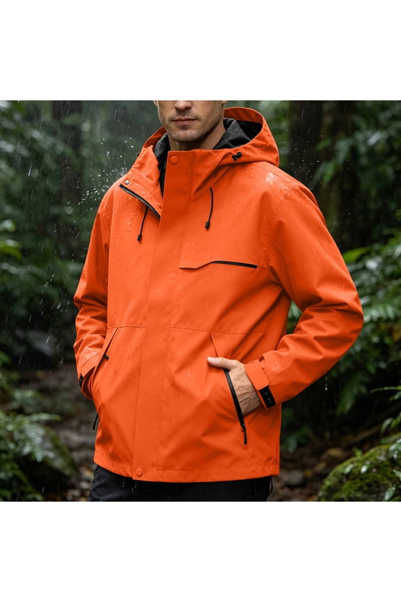 Men's Waterproof Windbreaker Jacket Hooded with Pockets Drawstring Solid Color Outdoor Rain Coat for Hiking Travel Daily