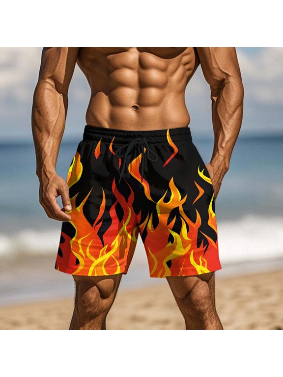 Mens Beach Shorts Flame Printing Funny Double Pocket Casual Homewear Swim Trunks Fast Drying For Summer Gift