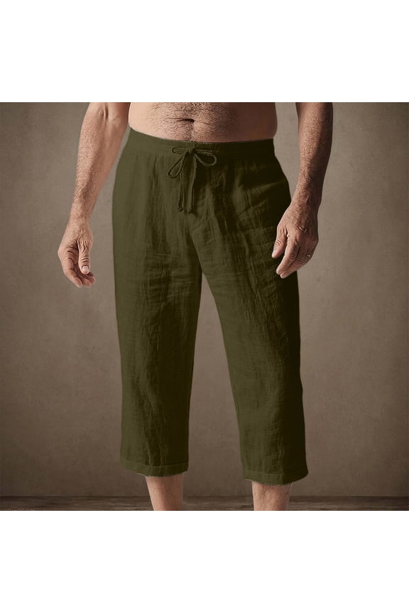 Mens Boho Beach Pants Drawstring Elastic Waist Solid Linen Breathable Calf Length Trousers with Pockets Gift