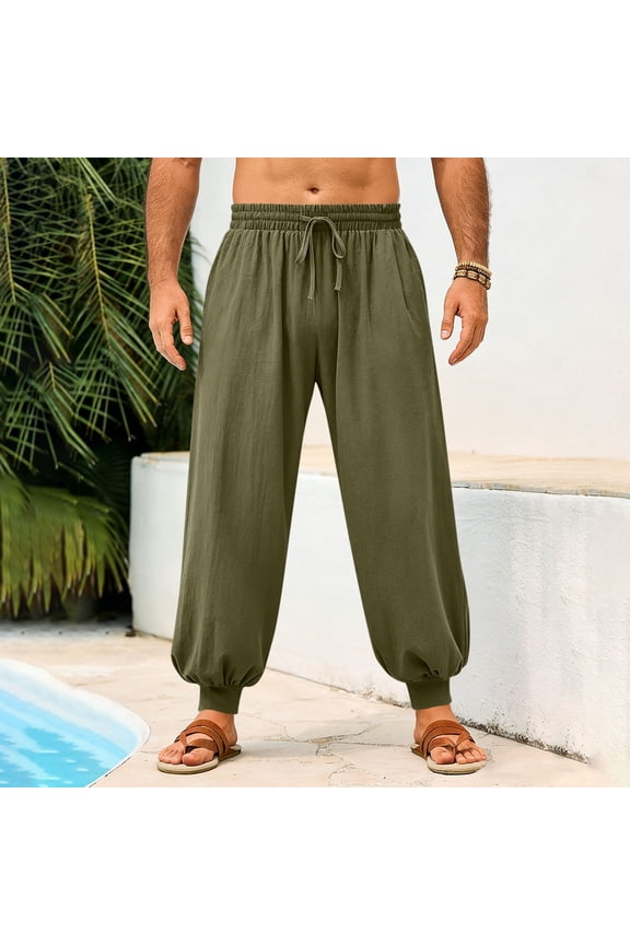 Mens Boho Beach Pants Elastic Waist Drawstring Solid Linen Look Loose Fit Trousers with Pockets for Summer Gift