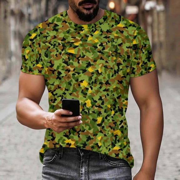 TaTaai Mens Camo T Shirt Military Green Print Short Sleeve Round Neck Lightweight Stretchy for Gym Fitness Summer Gift