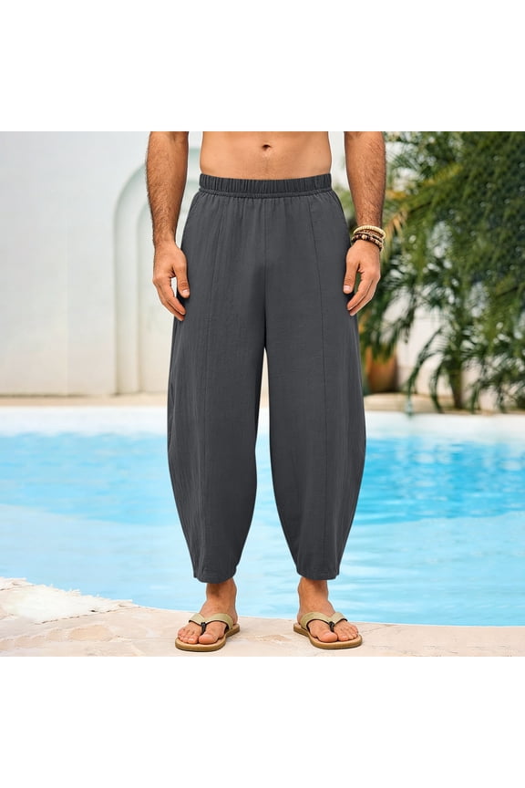 Mens Casual Boho Pants Elastic Waist Solid Linen Look Loose Fit Beach Trousers with Pockets for Vacation Gift