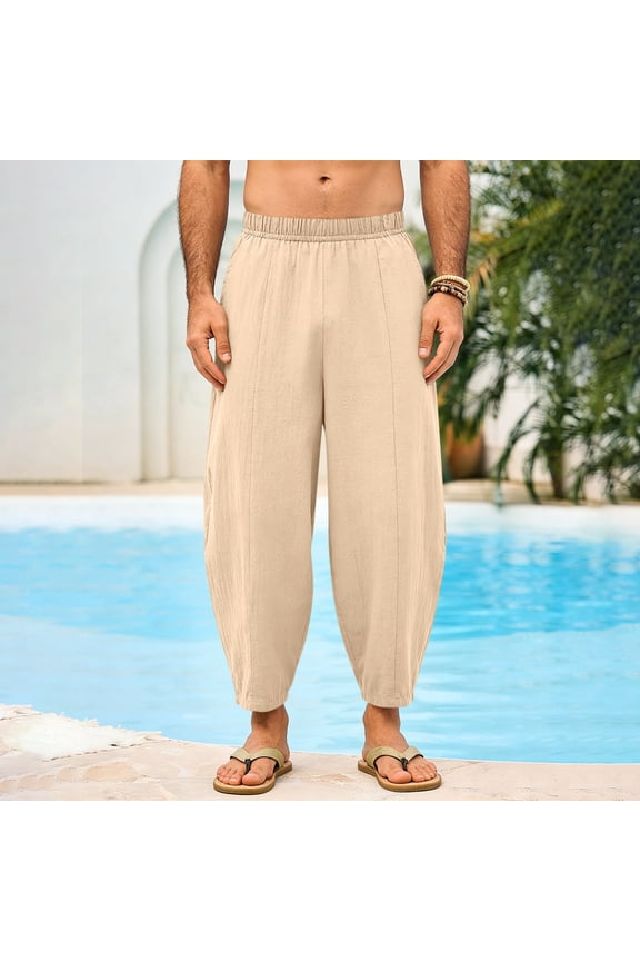 Mens Casual Boho Pants Elastic Waist Solid Linen Look Loose Fit Beach Trousers with Pockets for Vacation Gift