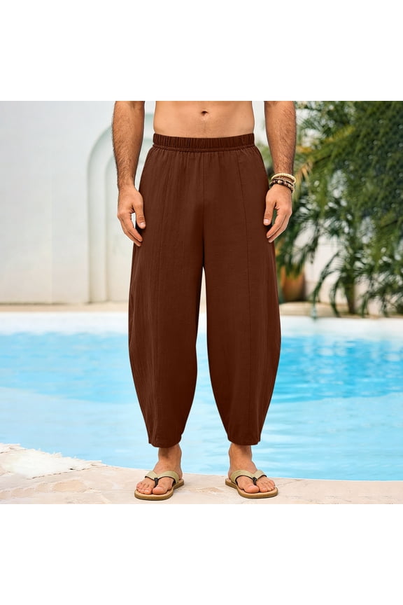 Mens Casual Boho Pants Elastic Waist Solid Linen Look Loose Fit Beach Trousers with Pockets for Vacation Gift