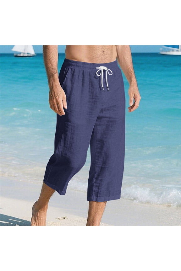 Mens Casual Capris Drawstring Waist Solid Linen Blend Loose Straight Trousers with Pockets for Home Gift