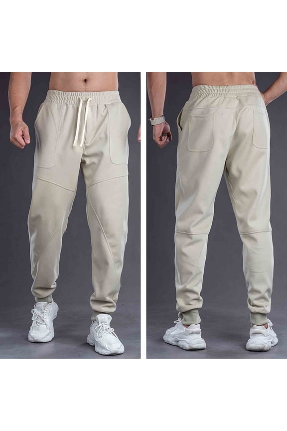 Mens Casual Work Pants Solid Color Drawstring Elastic Waist with Pockets Loose for Daily Summer Gift