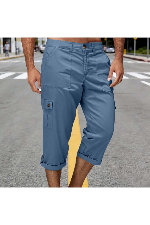 Mens Cropped Cargo Pants Elastic Waist Solid Multi Pocket Button Zipper Work Capris for Outdoor Summer Gift