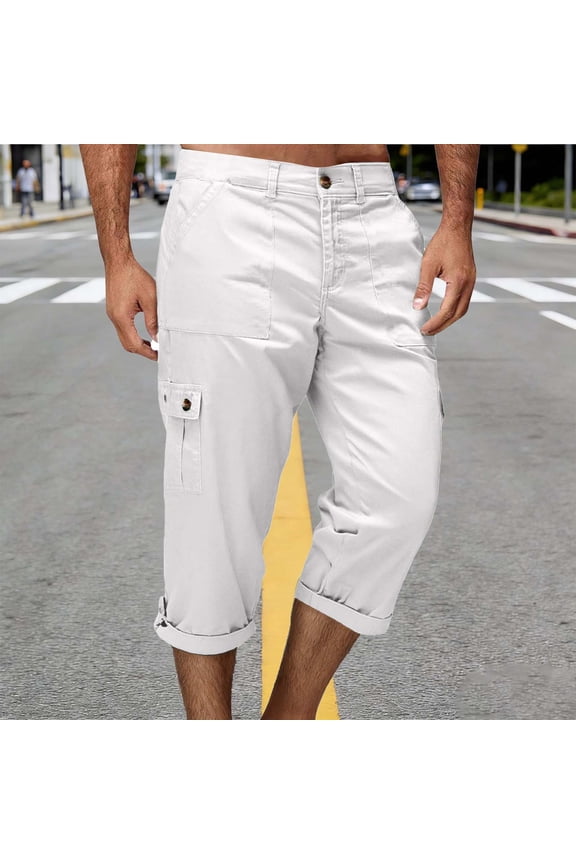 Mens Cropped Cargo Pants Elastic Waist Solid Multi Pocket Button Zipper Work Capris for Outdoor Summer Gift
