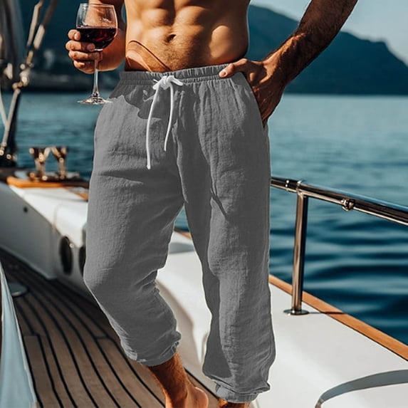 TaTaai Mens Cropped Jogger Pants Solid Linen Blend Casual Capris with Pockets Cuffed Hem for Summer Beach Home Gift