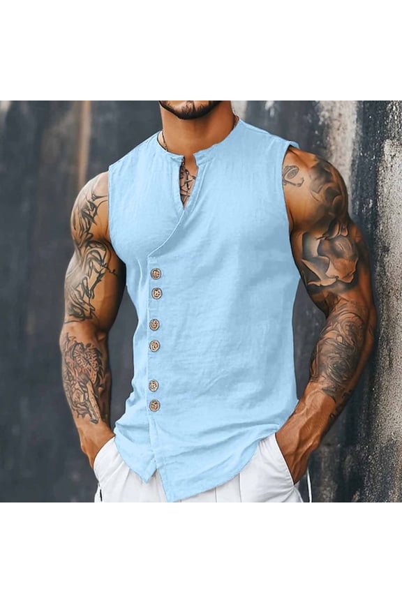 Mens Linen Like Sleeveless Vest Stand Collar Button Up Retro Breathable Quick Dry for Running Cycling Hiking Outdoor Gift