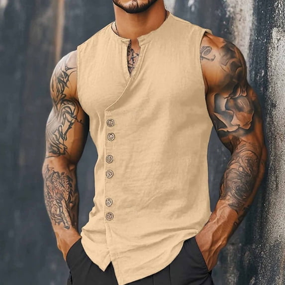 TaTaai Mens Linen Like Sleeveless Vest Stand Collar Button Up Retro Breathable Quick Dry for Running Cycling Hiking Outdoor Gift