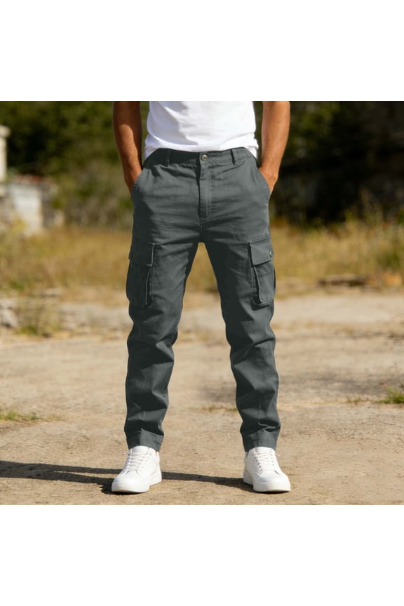 Mens Multi Pocket Cargo Pants Six Pockets Button Zipper Waist Solid Color for Tactical Outdoor Summer Gift