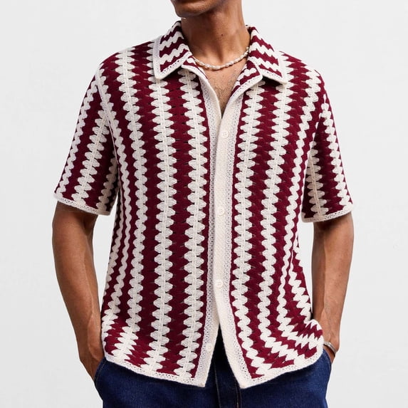 TaTaai Mens Relaxed Knit Pullover Crochet Style Solid Color Short Sleeve Cardigan Soft Breathable for Summer Home Daily Gift