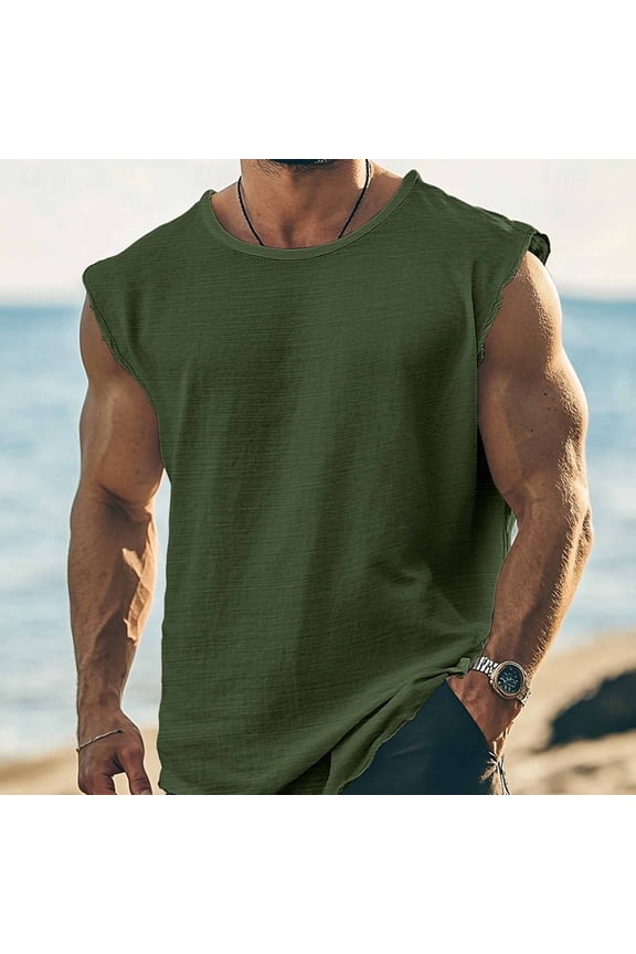 Mens Retro Sleeveless Tank Top Solid Color Loose Fit Raw Edge Breathable Quick Dry for Gym Running Outdoor Gift