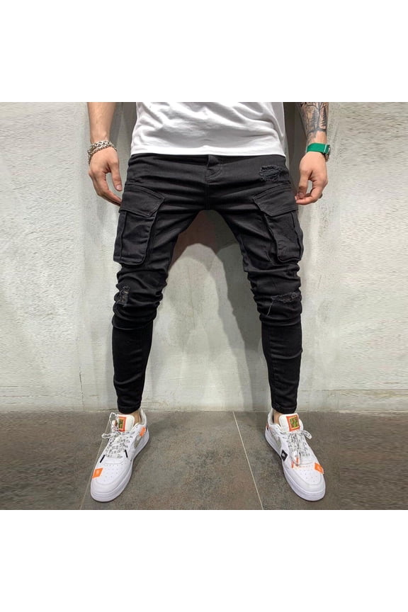 Mens Ripped Frayed Hem Jeans Stretchy Skinny Fit Denim Pants Long Trousers Solid Casual for Daily