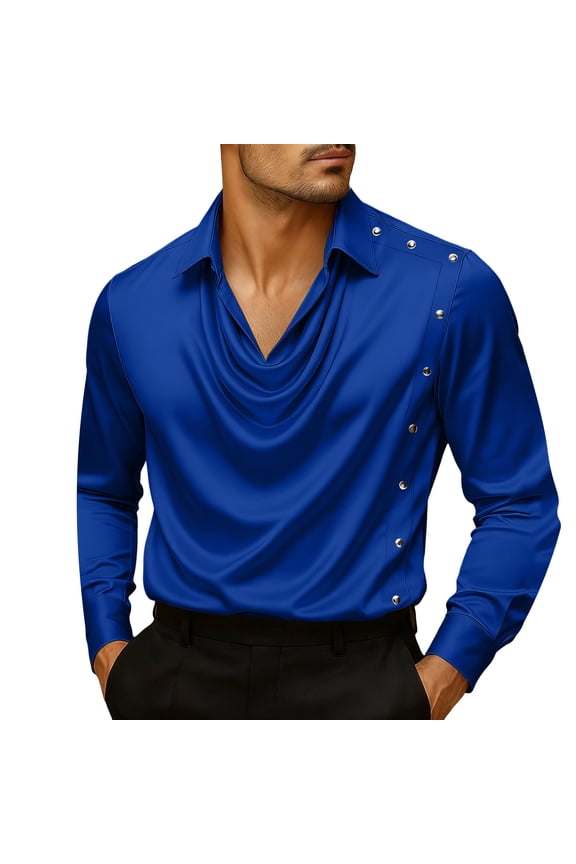 Mens Satin Shirt Solid Casual Long Sleeve Button Down Top with Pleats for Summer Daily Gift