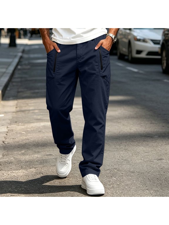 Mens Solid Elastic Waist Cargo Pants with Zipper Pockets Straight Leg Stretch Work Trousers Bottoms for Daily Outdoor