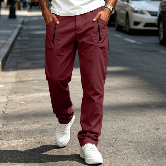 TaTaai Mens Solid Elastic Waist Cargo Pants with Zipper Pockets Straight Leg Stretch Work Trousers Bottoms for Daily Outdoor