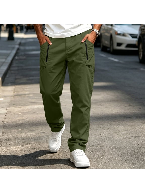 Mens Solid Elastic Waist Cargo Pants with Zipper Pockets Straight Leg Stretch Work Trousers Bottoms for Daily Outdoor