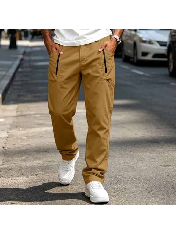 Mens Solid Elastic Waist Cargo Pants with Zipper Pockets Straight Leg Stretch Work Trousers Bottoms for Daily Outdoor