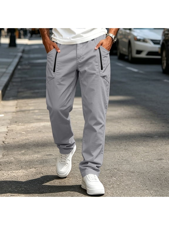 Mens Solid Elastic Waist Cargo Pants with Zipper Pockets Straight Leg Stretch Work Trousers Bottoms for Daily Outdoor