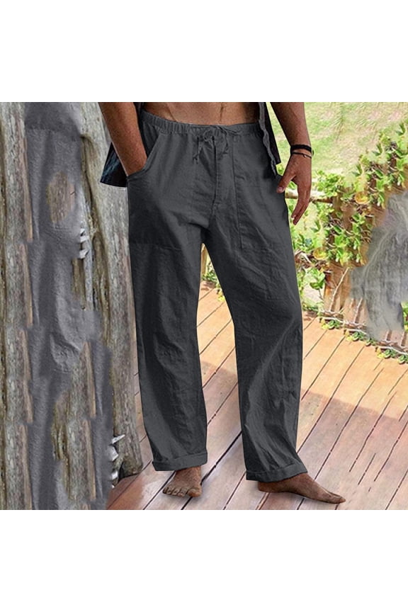 Mens Solid Linen Casual Pants Elastic Waist Drawstring Trousers with Pockets for Summer Vacation Gift