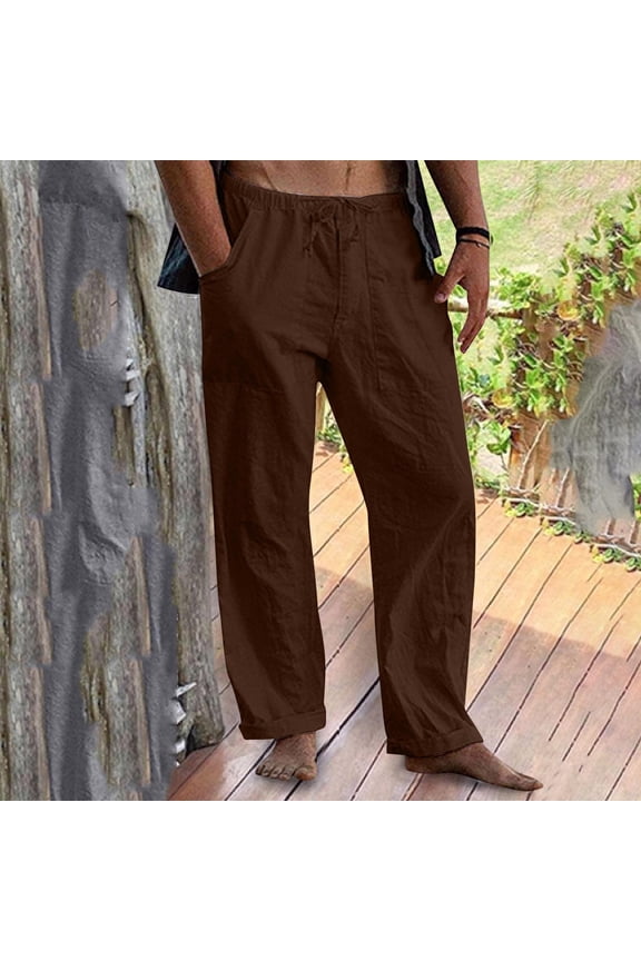 Mens Solid Linen Casual Pants Elastic Waist Drawstring Trousers with Pockets for Summer Vacation Gift