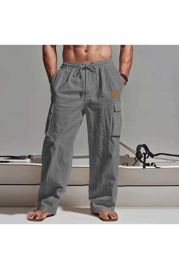 Mens Straight Leg Cargo Pants Elastic Waist Drawstring Solid Linen Look Trousers with Multi Pockets Gift