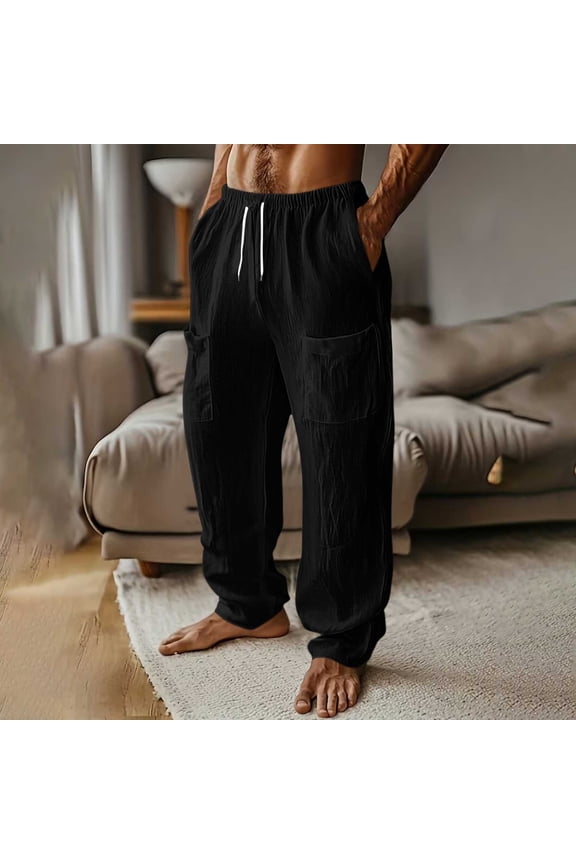Mens Straight Leg Cargo Pants Elastic Waist Drawstring Solid Linen Look Trousers with Multi Pockets Gift