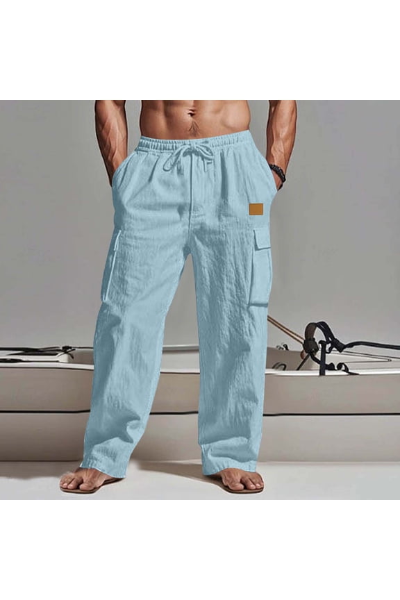 Mens Straight Leg Cargo Pants Elastic Waist Drawstring Solid Linen Look Trousers with Multi Pockets Gift
