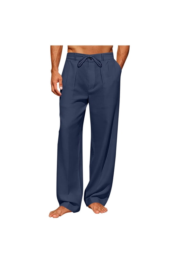 Mens Straight Leg Pants Elastic Waist Solid Casual Linen Look Trousers with Button Zipper Drawstring Pockets Gift