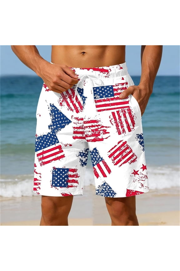 Mens Summer Swim Trunks Fireworks Print Elastic Waist Drawstring With Pocket for Cabana Summer Gift