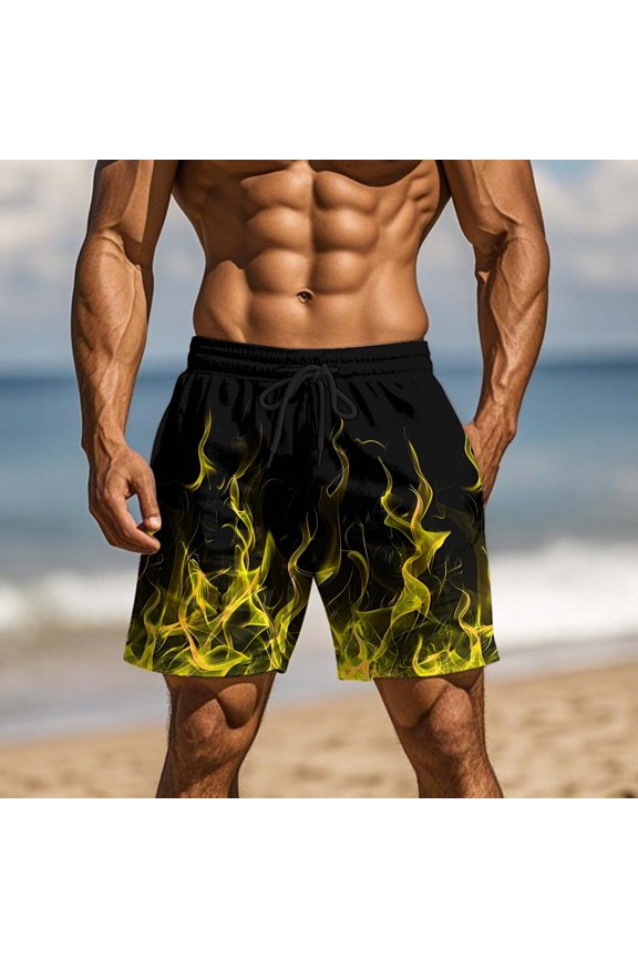 Mens Swim Trunks Flame Print Double Pocket Casual Beach Shorts Fast Drying Pants For Summer Swimming Gift