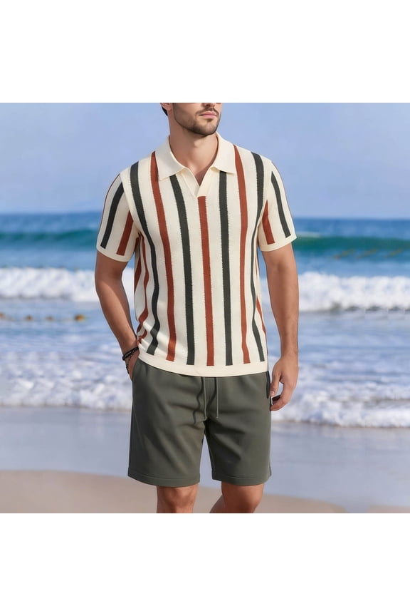 Mens Two Piece Jogger Set Mens Knitted Lapel Short Sleeve Cardigan Top with Drawstring Elastic Waist Shorts Summer Set Gift