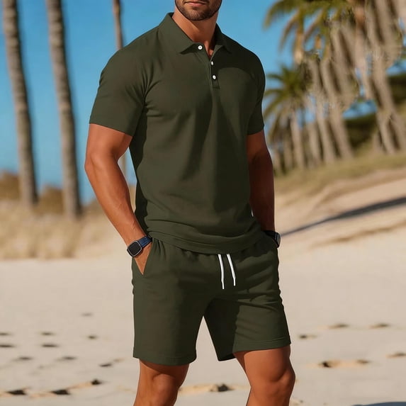 TaTaai Mens Two Piece Set Mens Solid Color Short Sleeve Shirt with Drawstring Shorts Casual Sports Summer Set Gift