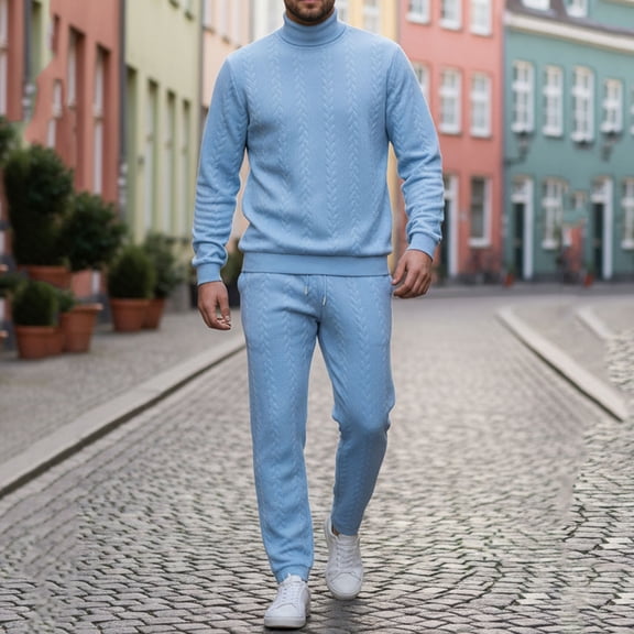 TaTaai Mens Two Piece Suit Mens Solid Color High Neck Knit Jacquard Long Sleeve Thermal Top with Pants Warm Set Gift