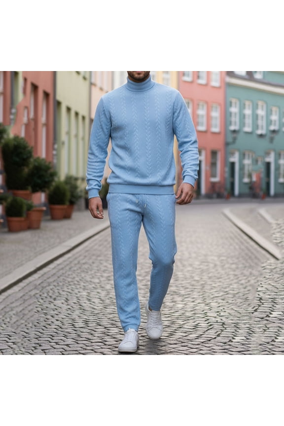 Mens Two Piece Suit Mens Solid Color High Neck Knit Jacquard Long Sleeve Thermal Top with Pants Warm Set Gift