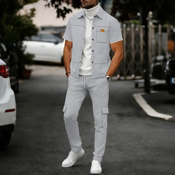 TaTaai Mens Two Piece Tracksuits Solid Color Waffle Short Sleeve Lapel Button Cardigan Shirt with Cargo Pants Gift