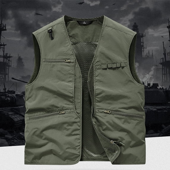 TaTaai Mens Utility Vest V Neck Sleeveless Multi Pocket Solid Color Thin for Outdoor Work Summer Gift