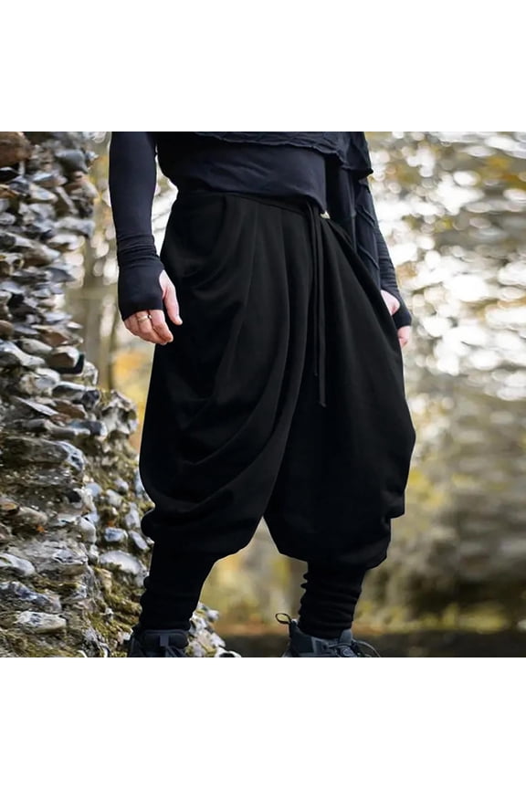 Mens Vintage Jogger Pants Solid Color Drawstring Elastic Waist Cuffed with Pockets for Casual Gift