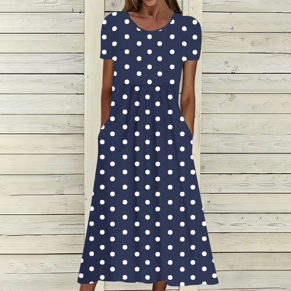 TaTaai Short Sleeve V-Neck Polka Dot Dress Women's Stretchy Solid Color Maxi Casual Loose Fit Summer Dress Elastic Waist Gift