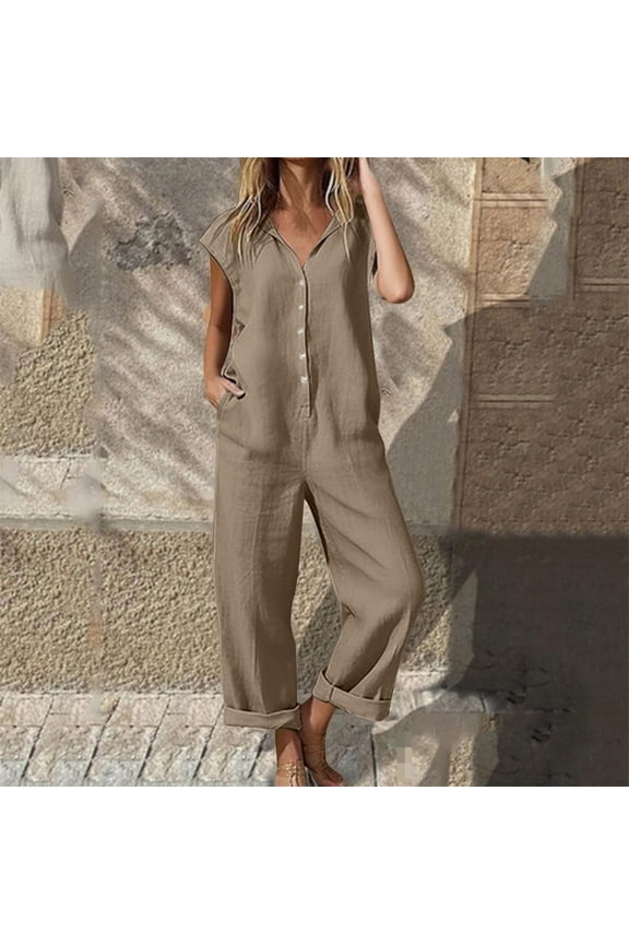 Solid Color Cotton Linen Women Button Overalls Adjustable Straps Machine Washable No Fading Loose Fit Casual Daily Wear Full Length Jumpsuit Gift