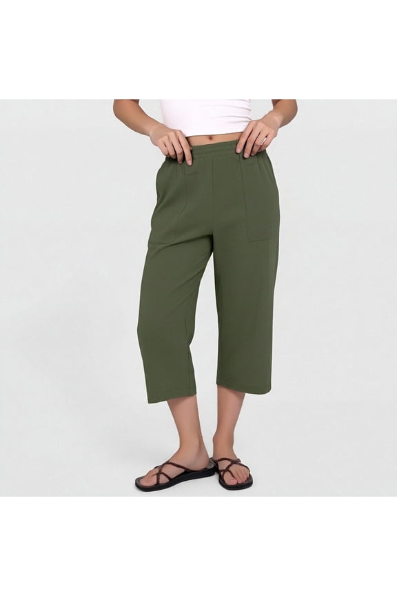 Solid Color Cotton Linen Women Capri Pants Drawstring Waist Loose Wide Leg Breathable Machine Washable No Fading Lightweight Casual Daily Trousers Gift
