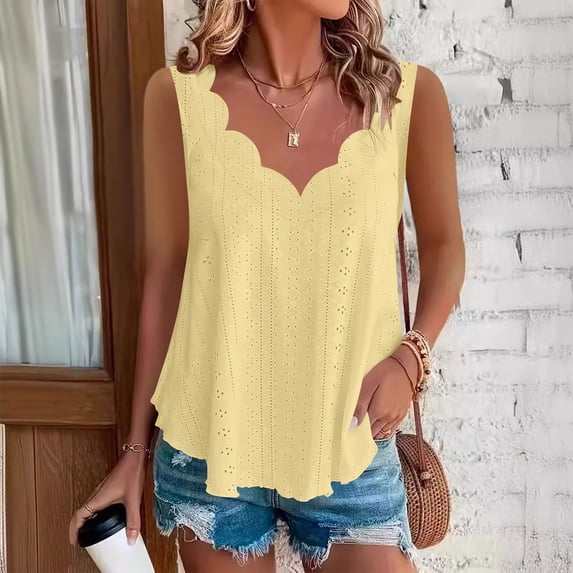TaTaai Solid Color Women Tank Top Palace Lock Wave Edge Sleeveless Irregular V Neck Breathable Non See-through Machine Washable No Fading Casual Fashion Daily Top Gift